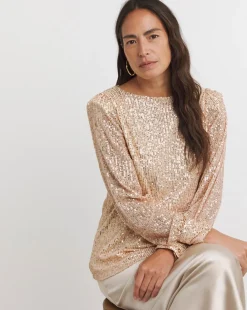 Champagne Sequin Slash Neck Volume Sleeve Top
