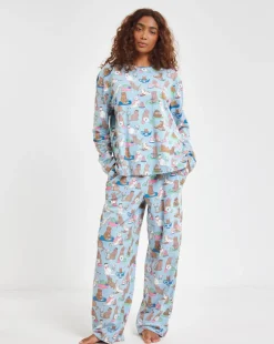 Chelsea Peers Jersey Cats Tea Party Print Crew Pyjama Set