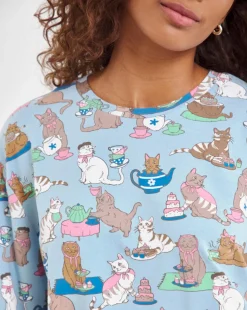 Chelsea Peers Jersey Cats Tea Party Print Crew Pyjama Set