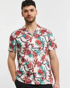 Coral Floral Print Cuban Collar Shirt