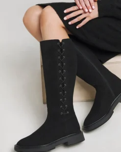 Farley Side Lace Up Flat Knee High Boots Wide E Fit Super Curvy Calf